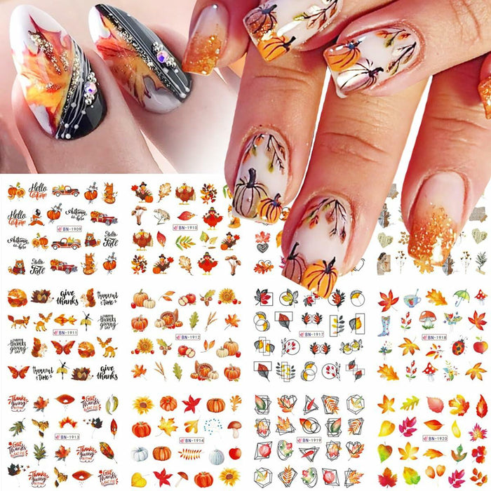YEFIUO Fall Winter Maple Leaf Pumpkin Nail Art Stickers Water Transfer 12 in 1 by Deal US