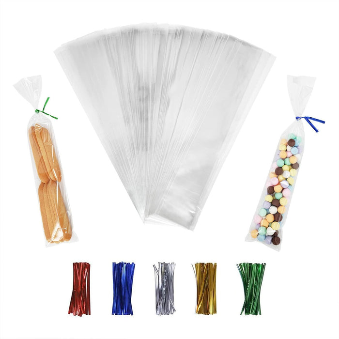 XLSFPY 100 Clear Treat Bags 2x10in with 4in Twist Ties 1.4 mil Thick by Deal US