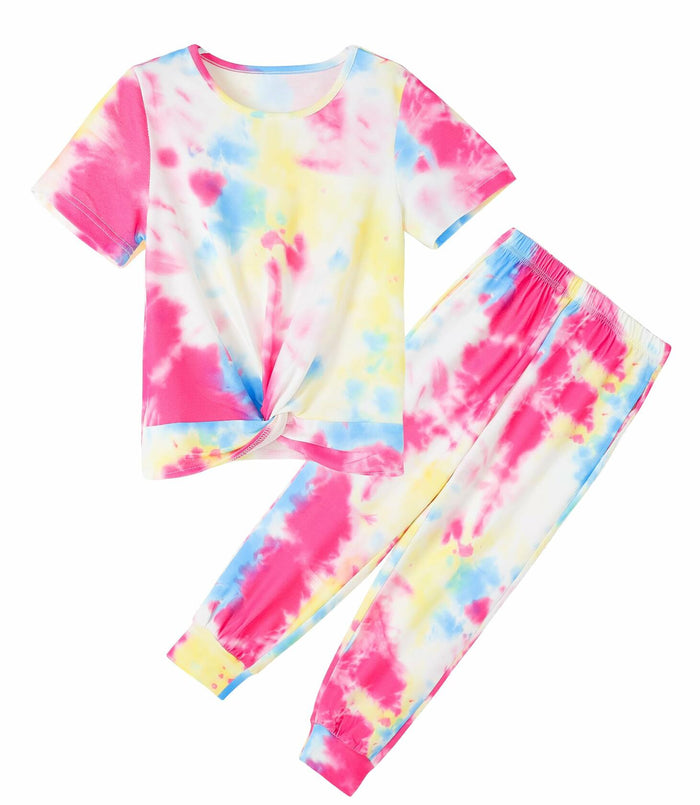 Hvididan Girls Tie Dye Twist Front Top & Sweatpants Set Rose Red Size 9-10Y by Deal US