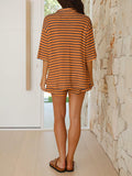 BWQ Women’s 2pc Knit Striped Button Shirt & Drawstring Shorts Set Orange S by Deal US