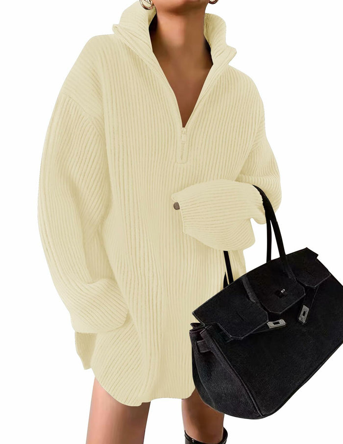 ZESICA Womens Sweater Dress Long Sleeve Quarter Zip V Neck Cream Size L by Deal US