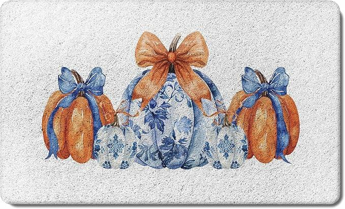 TopXmai Chinoiserie Pumpkin Door Mat 17x30 Blue White Orange Indoor Outdoor by Deal US