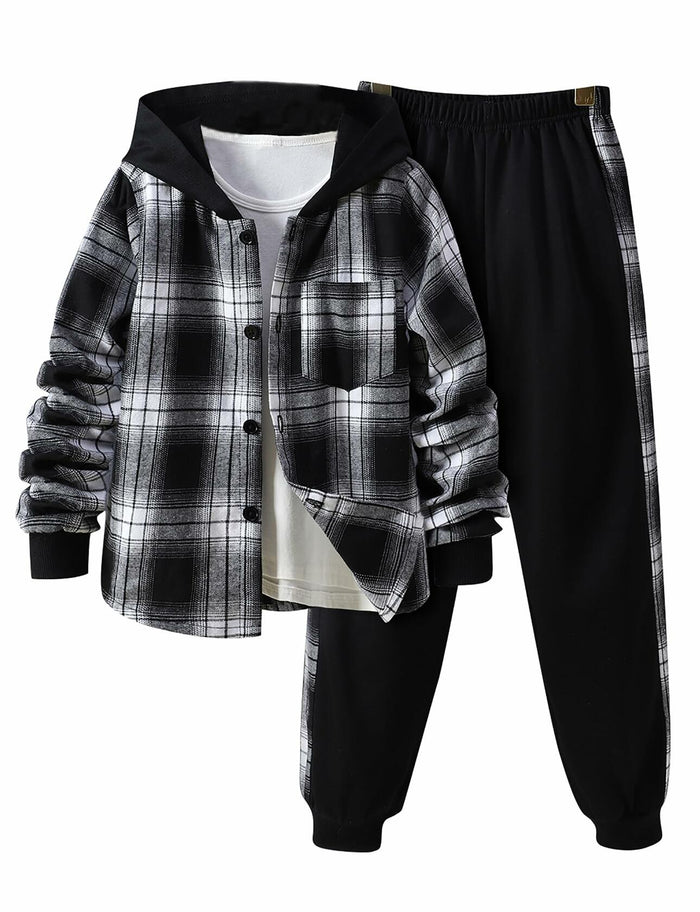 FERWANG Boys 2PC Plaid Hoodie & Jogger Set Black Size 5-6 Years by Deal US