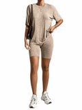 WDIRARA Women's Ribbed Half Sleeve Tee & Biker Shorts Set Khaki Size S by Deal US