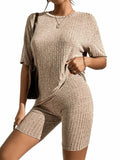 WDIRARA Women's Ribbed Half Sleeve Tee & Biker Shorts Set Khaki Size S by Deal US