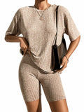 WDIRARA Women's Ribbed Half Sleeve Tee & Biker Shorts Set Khaki Size S by Deal US