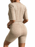 WDIRARA Women's Ribbed Half Sleeve Tee & Biker Shorts Set Khaki Size S by Deal US