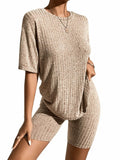 WDIRARA Women's Ribbed Half Sleeve Tee & Biker Shorts Set Khaki Size S by Deal US