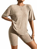 WDIRARA Women's Ribbed Half Sleeve Tee & Biker Shorts Set Khaki Size S by Deal US