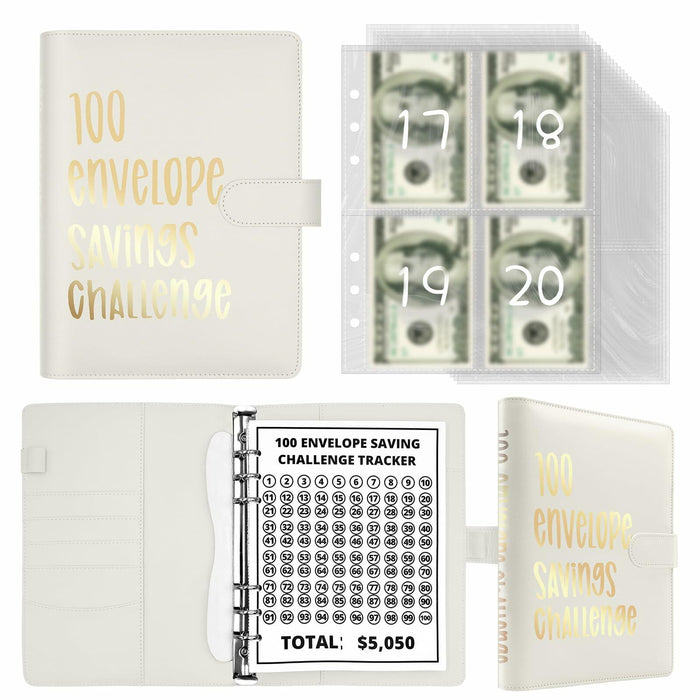 Mashaop 100 Envelope Challenge Binder White PU A4/Letter 13 Pages by Deal US