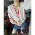MANGMAO Gingham Babydoll Tie Front Puff Sleeve Top Khaki Size S by Deal US