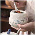 YMYL Ceramic Sugar Bowl Set 2 Blue Floral 13.5oz with Lid & Spoon Retro by Deal US