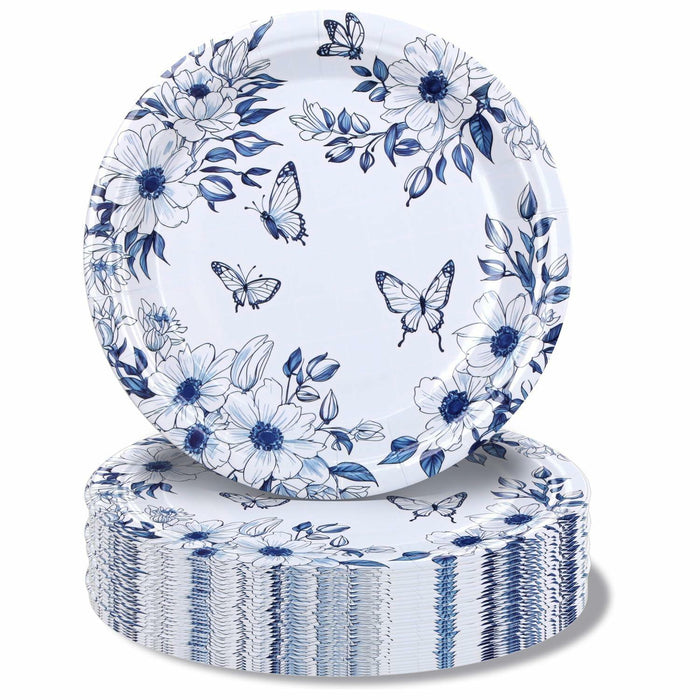 Pandecor 50 Blue White Floral Disposable Paper Plates 7in Butterfly Theme by Deal US