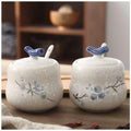YMYL Ceramic Sugar Bowl Set 2 Blue Floral 13.5oz with Lid & Spoon Retro by Deal US