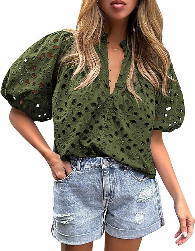 Chapsor Women's Casual Summer Blouse V Neck Eyelet Embroidery Army Green Size S by Deal US