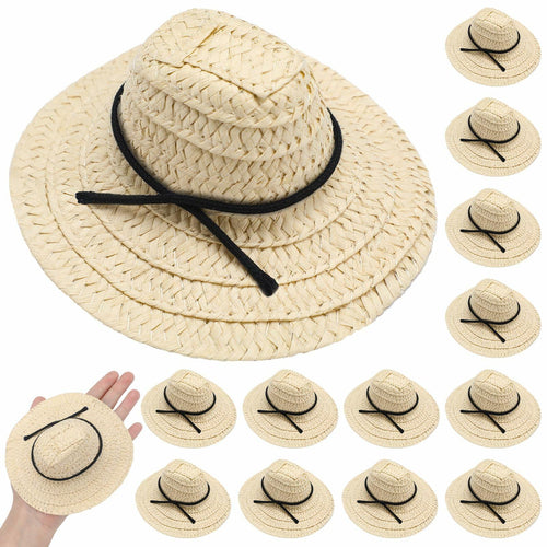 Cutecrop 12 Pcs Mini Cowboy Straw Doll Hats 4.72" Western Party Milk White Black by Deal US