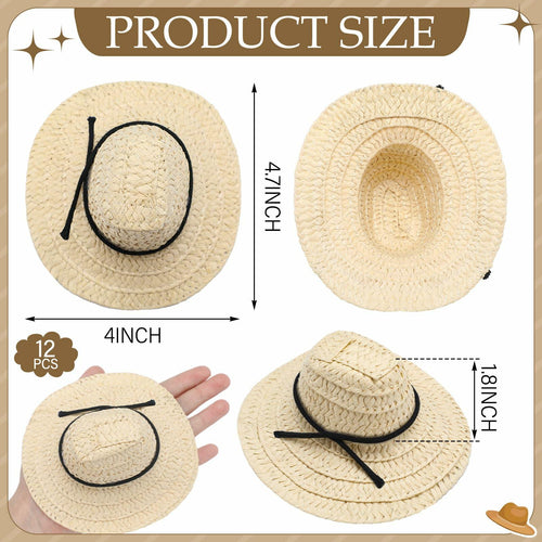 Cutecrop 12 Pcs Mini Cowboy Straw Doll Hats 4.72" Western Party Milk White Black by Deal US