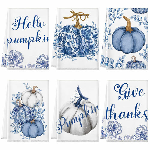 Kinlop 6 Pcs Fall Thanksgiving Blue White Pumpkin Kitchen Towels 16x26 Inch by Deal US