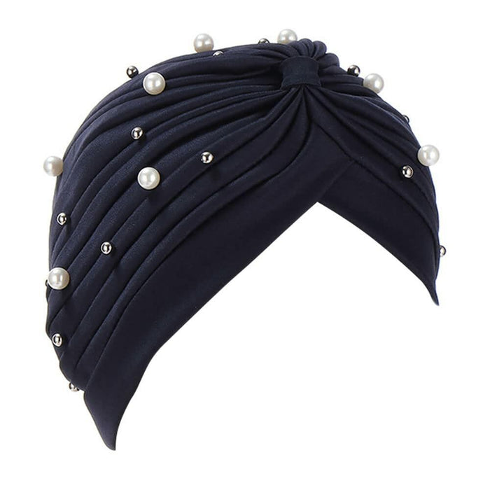 Fxhixiy Turban Hat Women Beaded Pre Tied Knot Chemo Headwrap Navy by Deal US