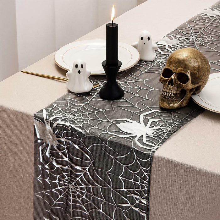 Sioloc Halloween Table Runner Silver Spider Web 13x72 Inch Black Polyester by Deal US