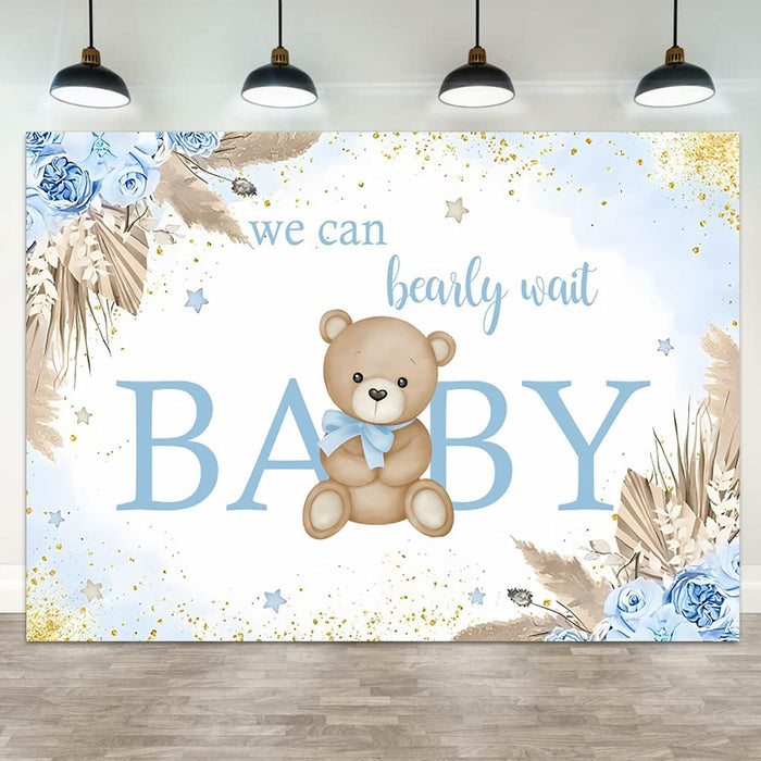 ASDCXZ Baby Shower Backdrop Brown Bear Boho Floral 10x8ft Blue Gold Dots by Deal US
