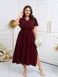 CICIDUDU Plus Size Lace V Neck Ruffle Sleeve Smocked Maxi Dress Burgundy Size 3X by Deal US