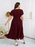 CICIDUDU Plus Size Lace V Neck Ruffle Sleeve Smocked Maxi Dress Burgundy Size 3X by Deal US