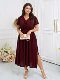 CICIDUDU Plus Size Lace V Neck Ruffle Sleeve Smocked Maxi Dress Burgundy Size 3X by Deal US