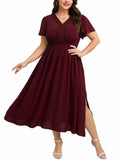CICIDUDU Plus Size Lace V Neck Ruffle Sleeve Smocked Maxi Dress Burgundy Size 3X by Deal US