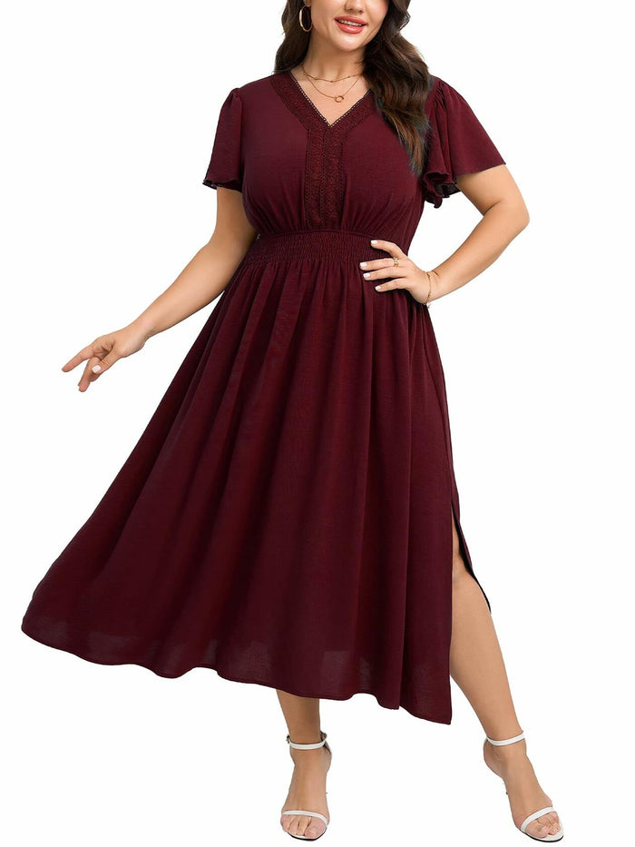 CICIDUDU Plus Size Lace V Neck Ruffle Sleeve Smocked Maxi Dress Burgundy Size 3X by Deal US
