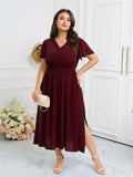 CICIDUDU Plus Size Lace V Neck Ruffle Sleeve Smocked Maxi Dress Burgundy Size 3X by Deal US