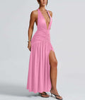 Ekaliy Womens Sexy Halter Deep V Neck Maxi Dress Sleeveless Pink Size S by Deal US