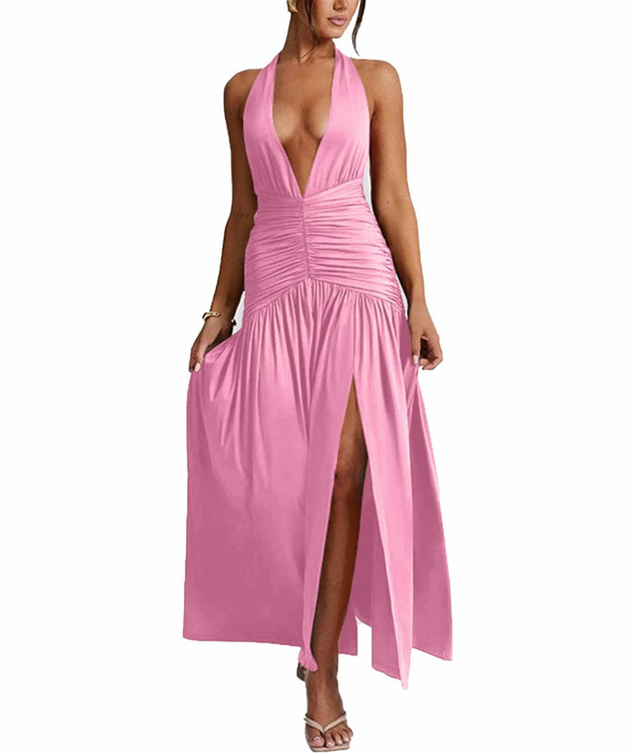 Ekaliy Womens Sexy Halter Deep V Neck Maxi Dress Sleeveless Pink Size S by Deal US