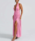 Ekaliy Womens Sexy Halter Deep V Neck Maxi Dress Sleeveless Pink Size S by Deal US
