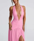 Ekaliy Womens Sexy Halter Deep V Neck Maxi Dress Sleeveless Pink Size S by Deal US