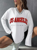 Hilinker Women's Oversized Graphic V Neck Long Sleeve Tee White Red Size L by Deal US
