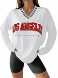 Hilinker Women's Oversized Graphic V Neck Long Sleeve Tee White Red Size L by Deal US