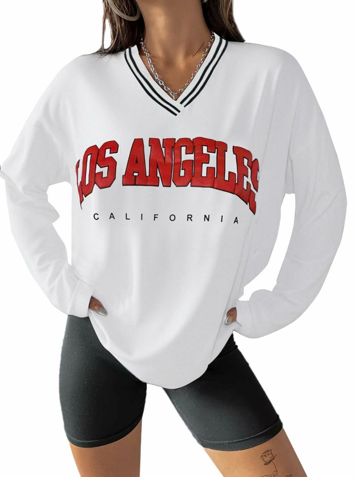 Hilinker Women's Oversized Graphic V Neck Long Sleeve Tee White Red Size L by Deal US
