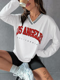 Hilinker Women's Oversized Graphic V Neck Long Sleeve Tee White Red Size L by Deal US