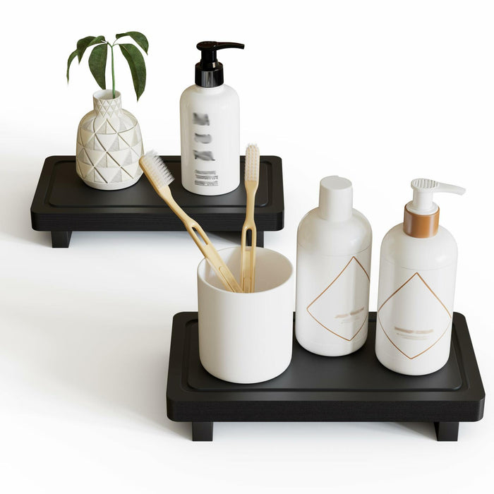 ZGO Small Counter Set of 2 Decorative Vanity Tray Wooden Soap Holder Black by Deal US