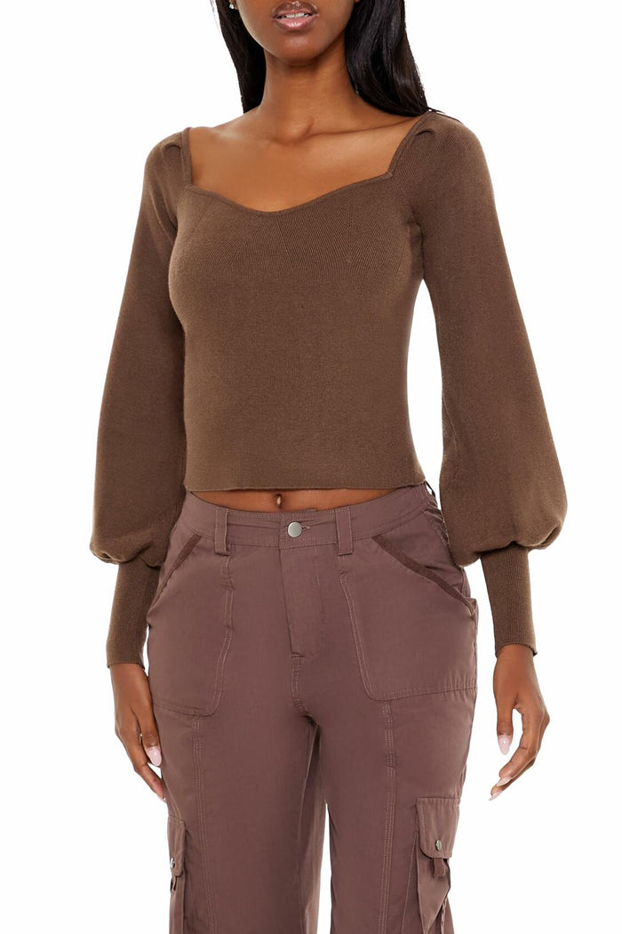 Forever 21 Gigot-Sleeve Sweater-Knit Crop Top Espresso Brown Size XS by Deal US