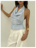 SOLY HUX Women's Striped Deep V Neck Bow Tie Backless Halter Top Blue Size S by Deal US