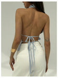 SOLY HUX Women's Striped Deep V Neck Bow Tie Backless Halter Top Blue Size S by Deal US