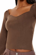 Forever 21 Gigot-Sleeve Sweater-Knit Crop Top Espresso Brown Size XS by Deal US