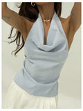 SOLY HUX Women's Striped Deep V Neck Bow Tie Backless Halter Top Blue Size S by Deal US