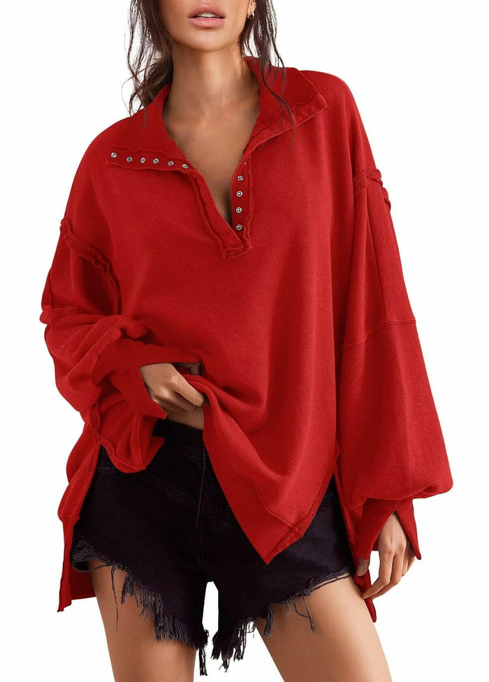 BWQ Women's Oversized Henley Sweatshirt Long Sleeve Pullover Red2 Size M by Deal US