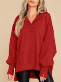 BWQ Women's Oversized Henley Sweatshirt Long Sleeve Pullover Red2 Size M by Deal US
