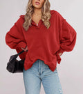 BWQ Women's Oversized Henley Sweatshirt Long Sleeve Pullover Red2 Size M by Deal US