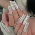 Gifiky Long Square Press-On Nails 24Pcs Gray Glitter Marble Fake Nails Women by Deal US