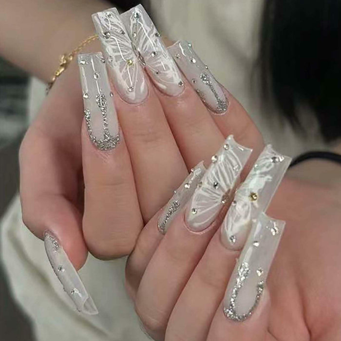 Gifiky Long Square Press-On Nails 24Pcs Gray Glitter Marble Fake Nails Women by Deal US